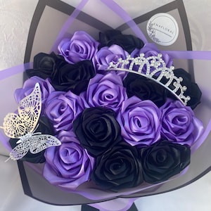Purple & Black Ramo Buchon, Custom Eternal Rose Bouquet, Ribbon Rose Bouquet, Flower Bouquet, Rose Bouquet, Birthday Bouquet Anniversary