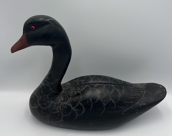 Vintage Black Swan Figurine, Hand-Carved Wood (Glossy Finish)