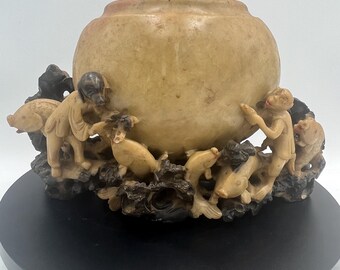 Chinese Carved Soapstone Vessel with Monkeys - Intricate Design
