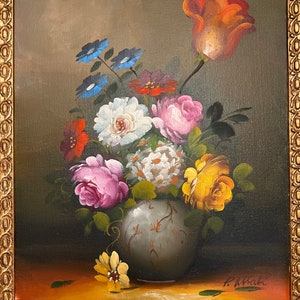 Framed Floral Oil on Canvas, Original Painting by P. Attali