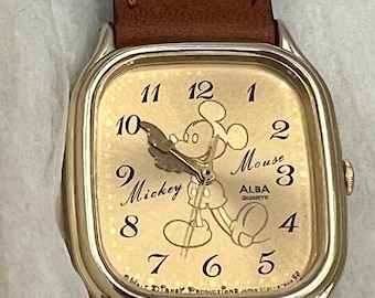 1982 Disney Mickey Mouse Face Watch by Alba Seiko with Original Leather Band - Epcot Japan