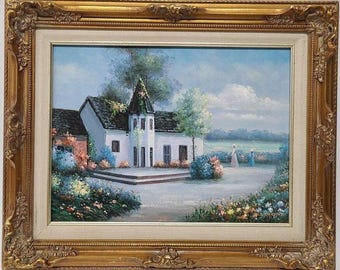 French Impressionist Original Oil Painting of a Church, J. Perrine