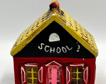 Vintage Red Schoolhouse Coin Bank | Teacher Gift | School Money Bank | Folk Art Americana Decor | One Room Schoolhouse Collectible