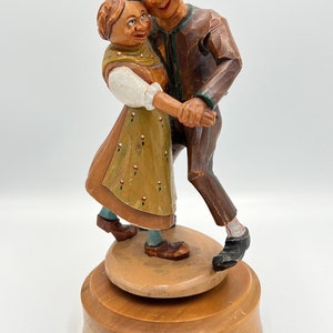 Vintage Black Forest Style Wood Carved Musical Figurine with Dancing Couple – German Handcrafted Gift