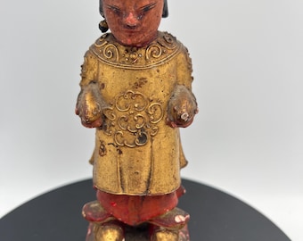 Antique Chinese Gilt Lacquered Wood Shancai Statue | Youth Disciple of Guanyin Buddha Attendant Figure | Rare Small Asian Folk Art Deity