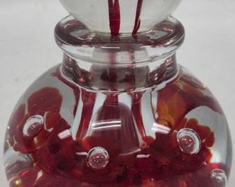 Signed Kent Helms Blown Art Glass Perfume Bottle with Stopper, Vintage Red Flower Controlled Bubble Paperweight Decanter, Polished Pontil