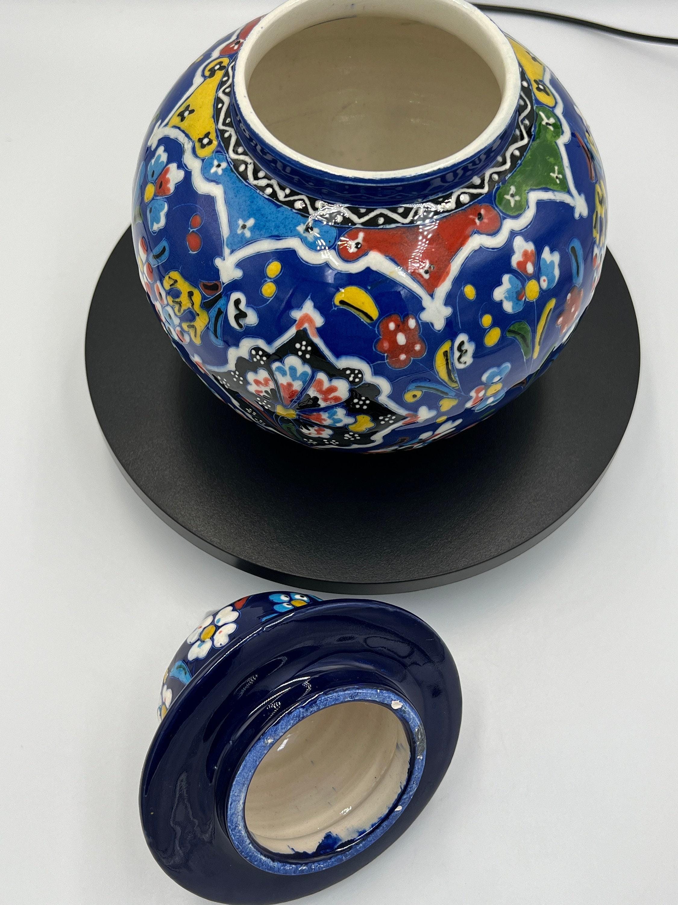多色手描き陶器壺 手描きの陶器製壺：鮮やかな色彩、9インチの蓋付きポット - Etsy 日本