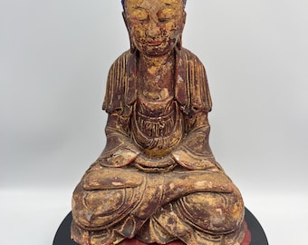 Antique Ming Style Gilt Lacquered Wood Seated Buddha Statue with Lotus Pedestal Throne Set | Blue Hair Meditation Buddha Figure Gesso & Gold