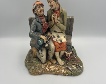 Vintage Naturecraft Figurine, Elderly Couple on Bench (Stoneware, 7")