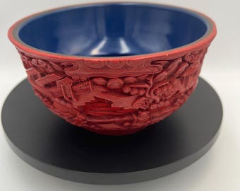 Chinese Cinnabar Intricate Hand-Carved Bowl