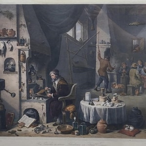 Carl Straub After David Teniers II Color Lithograph, Ein Chemiker in seinem Laboratorium