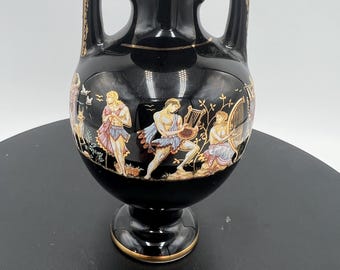 手作りギリシャ製ファキオラス陶器花瓶 – ヴィンテージブラック陶器 – 24金装飾 – 小さなギリシャ風装飾品