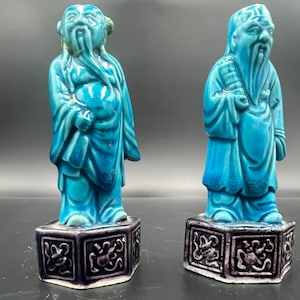 Antique Qing 1910 Chinese Porcelain Turquoise Immortal Statues Figures Export 4”