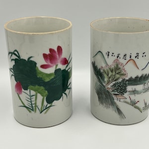 Chinese Famille Verte Enameled Porcelain Brush Pots
