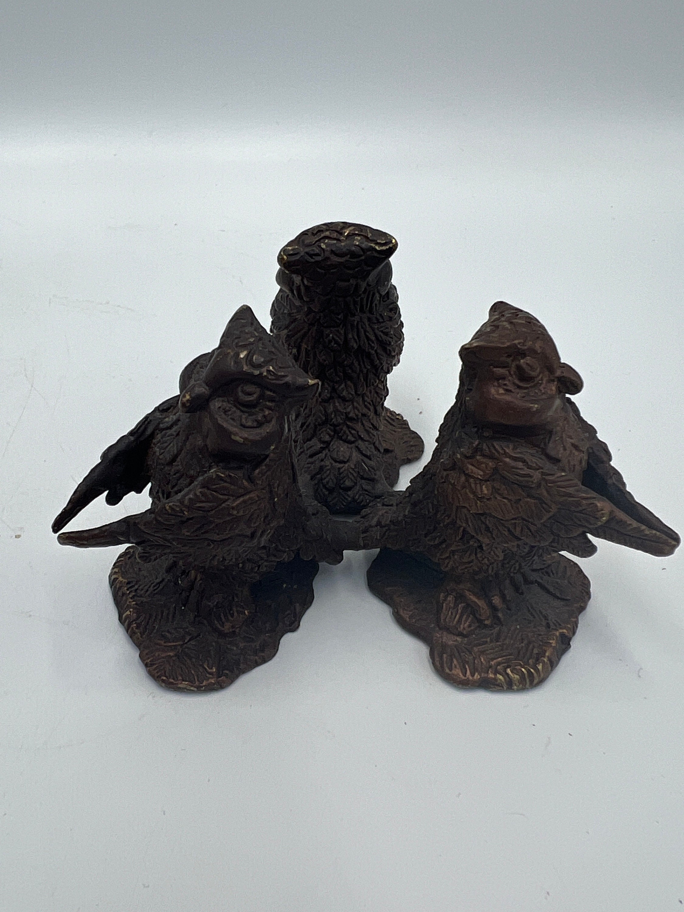 Three Owl Metal Statue - Rustic Vintage Bird Figurine