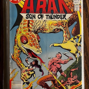 May include: A comic book cover for "Arak, Son of Thunder" features a dynamic illustration. A large, yellow and orange reptilian creature attacks a warrior with an axe. The cover includes the DC Comics logo and text.