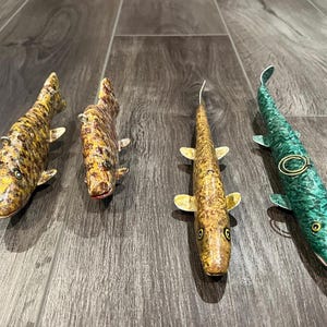 Vintage Hand-Carved Wooden Fish Decoys  Signed JH | Folk Art Ice Fishing Lures | Rustic Cabin, Lodge, Nautical Decor. 2 Pairs Available