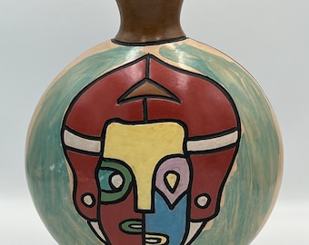 Vintage Moncada Ceramic Vase, Chulucanas Pottery, Peruvian Pottery, Abstract Face