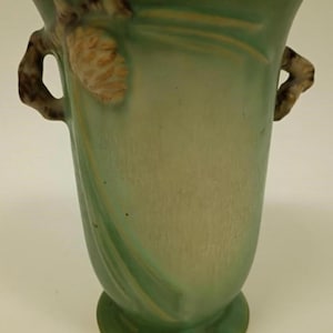 Roseville Green Pinecone, 1936 Vintage Art Pottery, Ceramic Double Handled Vase 838-6