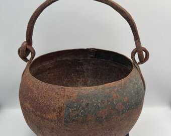 Antique Indian Hand Forged Iron Well Pot Cauldron