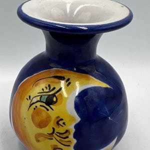 Vintage celestial vase crescent moon// Retro ceramic art vase flowerpot yellow dreamy Luna and dark blue starry sky - Signed