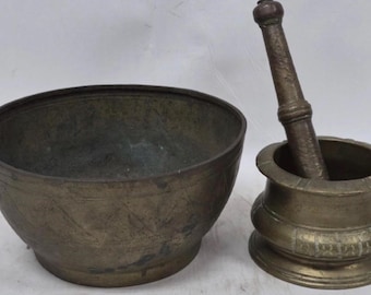 Antique Heavy Bronze Mortar and Pestle Set with Large Matching Bowl, 3-Piece Solid Brass Apothecary Herb Grinder, Vintage Kitchen 8+ lbs!