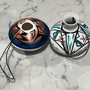 Seed Pot Ornaments: Native American Miniature Pottery (Signed, Pair)