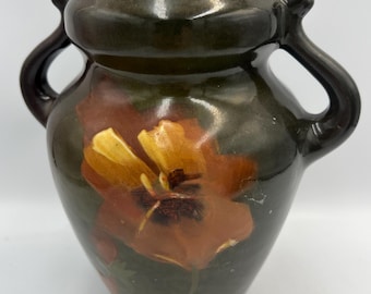 Antique Vintage Artist Signed, Early 1900s American Art Pottery, High Gloss Brown Slip Floral Vase