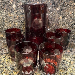 Czech Bohemian Glass Ruby Cut to Clear Beverage Pitcher & 6 Glasses Set Vintage