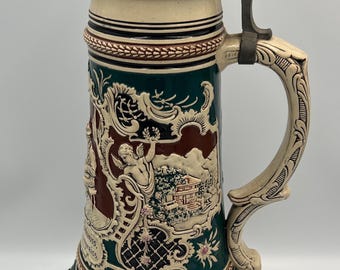 Antique Albert Jacob Thewalt German Beer Stein Mold 218 | Franz Defregger "The Zither Player" Relief 1.5L Stoneware Tankard with Pewter Lid