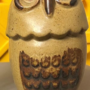 May include: A ceramic owl ornament in tan and brown hues. The owl features large, dark brown eyes and a detailed feather design on its chest. The ornament has a textured surface and a rounded form.