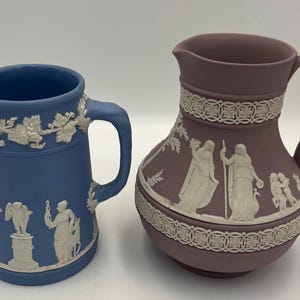 Wedgwood Jasperware Jugs, Lavender Blue and Lilac Etruscan (4.5" & 5.5")