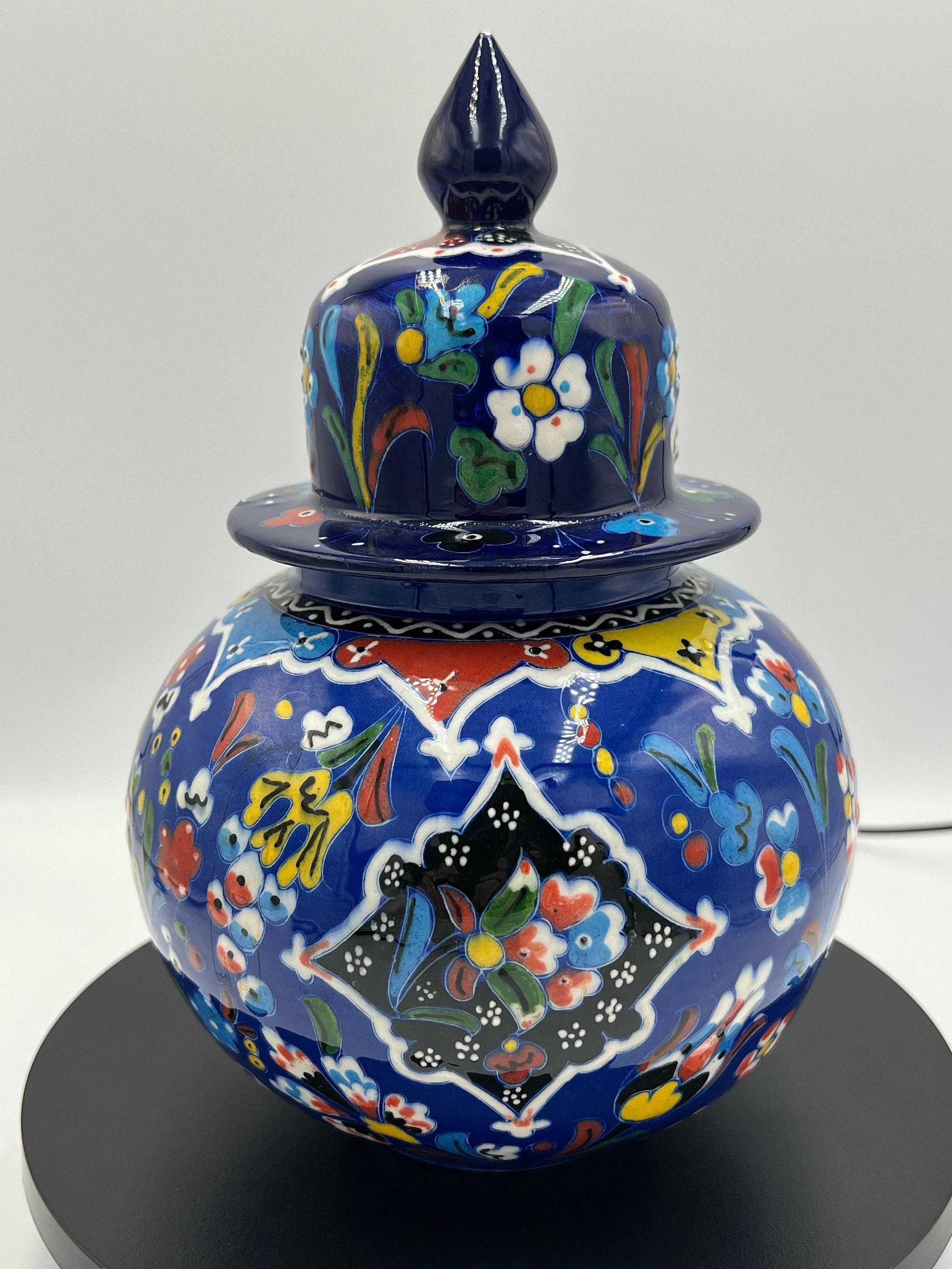 手作り、手描き蓋付き壺 手描きの陶器製壺：鮮やかな色彩、9インチの蓋付きポット - Etsy 日本