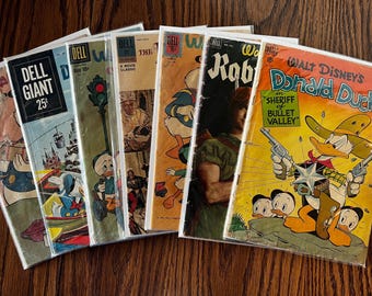 1960s Disney Dell Lot Disneyland U.S.A. Giant #30 + Robin Hood & Prince/Pauper Movie Classics  7 Book Reader Set