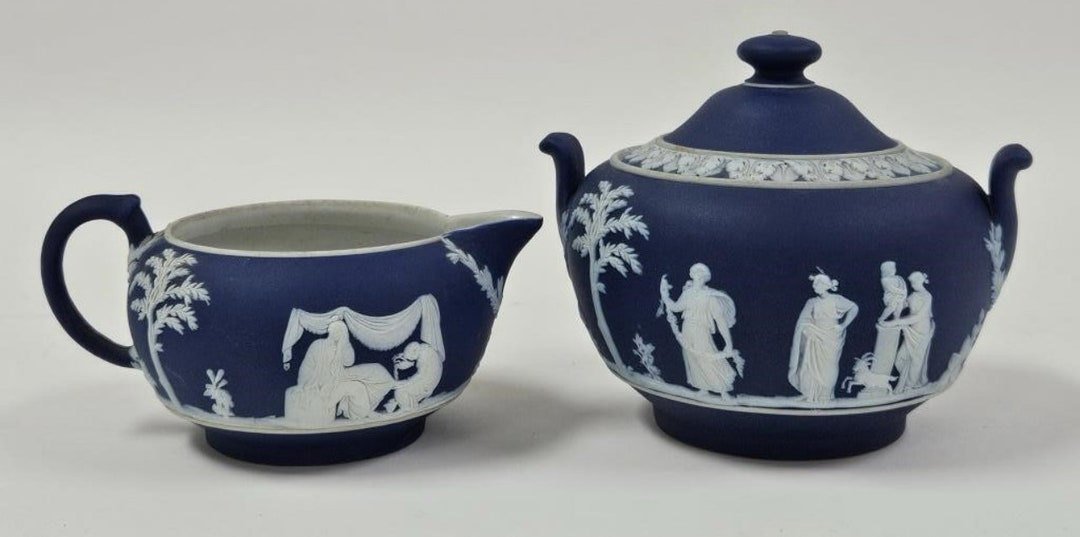 希少 アンティーク ウェッジウッド ジャスパーウェア シュガーボウル クリーマー WEDGWOOD - 希少 アンティーク ウェッジウッド ジャスパーウェア