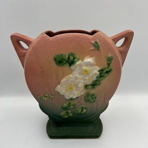 Roseville Pottery White Rose Pink And Green Vase 984-8