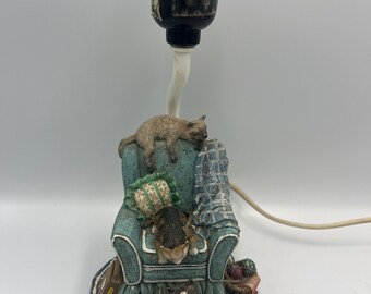 Vintage 1980s-90s Cat and Kittens Table Lamp - Playful Cats on Chair and with Yarn WORKS