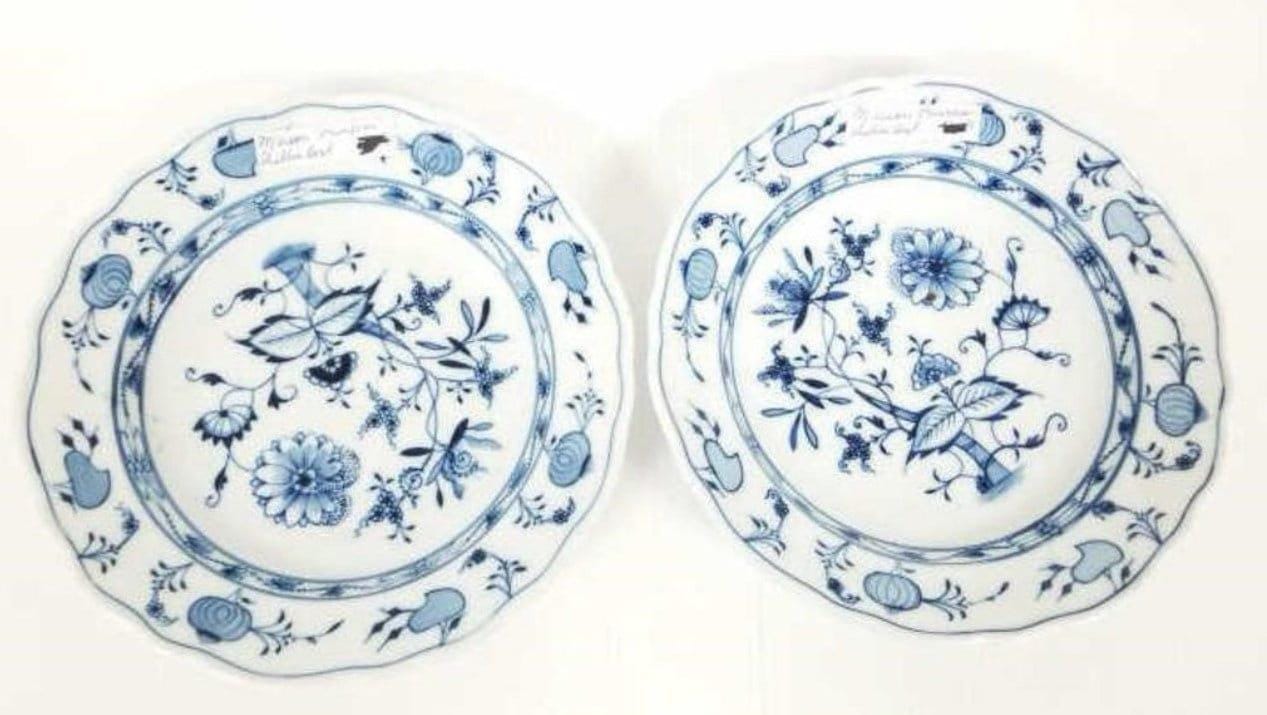 マイセン 深皿2枚セット 手描きブルーオニオン、剣なし、1880年代以前