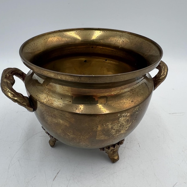 Vintage Brass Pedestal Planter Bowl Cauldron with Handles | Ornate Footed Metal Vase | Rustic Brass Planter | Patina Brass | Gift Idea