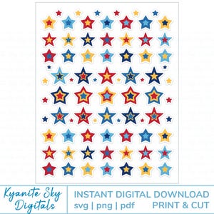 SVG PNG Print Then Cut Stars multi-color red blue and yellow digital sticker diecuts for cricut or silhouette, plus clipart files