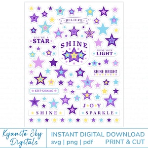 SVG PNG Print Then Cut Stars purple pastel inspirational digital sticker diecuts for cricut or silhouette, plus clipart