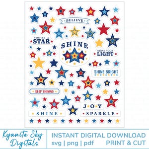 SVG PNG Print Then Cut Stars bright colorful blue red and yellow star digital sticker diecuts for cricut or silhouette, plus clipart