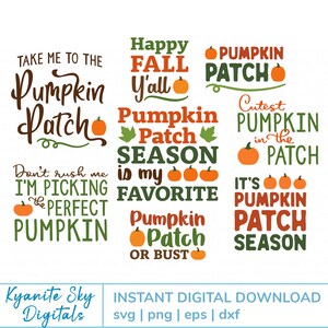 Pode incluir: Um conjunto de dez designs digitais imprimíveis com várias frases temáticas de abóbora, incluindo "Leve-me para o pomar de abóboras", "Feliz outono para todos", "A época das abóboras é a minha favorita" e "É a época das abóboras".