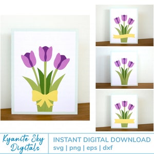Tulip Flower Card SVG gesneden bestanden tulpen lente kaart met strik en banners bloemen kaart svg voor cricut drie bloeiende tulpen boeket png-bestand