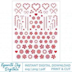 May include: Sheet of red and white Christmas-themed stickers. Designs include candy canes, hearts, stars, and peppermint candies. The text "Kyanite Sky Digitals" and "INSTANT DIGITAL DOWNLOAD" are at the bottom.