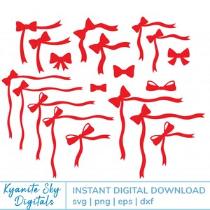May include: A set of 18 red bow and ribbon designs. The bows are in various shapes and sizes, and the ribbons are in different lengths and widths. The designs are perfect for creating festive crafts, decorations, and projects.