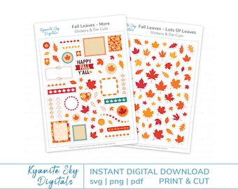 Hojas de pegatinas para imprimir y cortar de otoño, SVG PNG, hojas de otoño, etiquetas, lista de verificación para planificador, bordes, archivos troquelados digitales para Cricut y Silhouette
