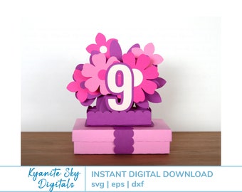 Birthday Gift Card Holder any number SVG small gift box with flower decoration, party decor flower bouquet 3D cut files