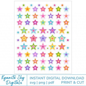 May include: A sheet of colorful star stickers in various sizes and colors, including pink, orange, yellow, green, blue, and purple. The stickers are arranged in a grid pattern. Text at the bottom reads "Kyanite Sky Digitals" and "INSTANT DIGITAL DOWNLOAD".