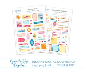 Sommer Print And Cut Sticker Sheets, Label SVG PNG-Dateien für Cricut & Silhouette, PDF zum Ausdrucken, Planer Aufkleber, digitaler Download